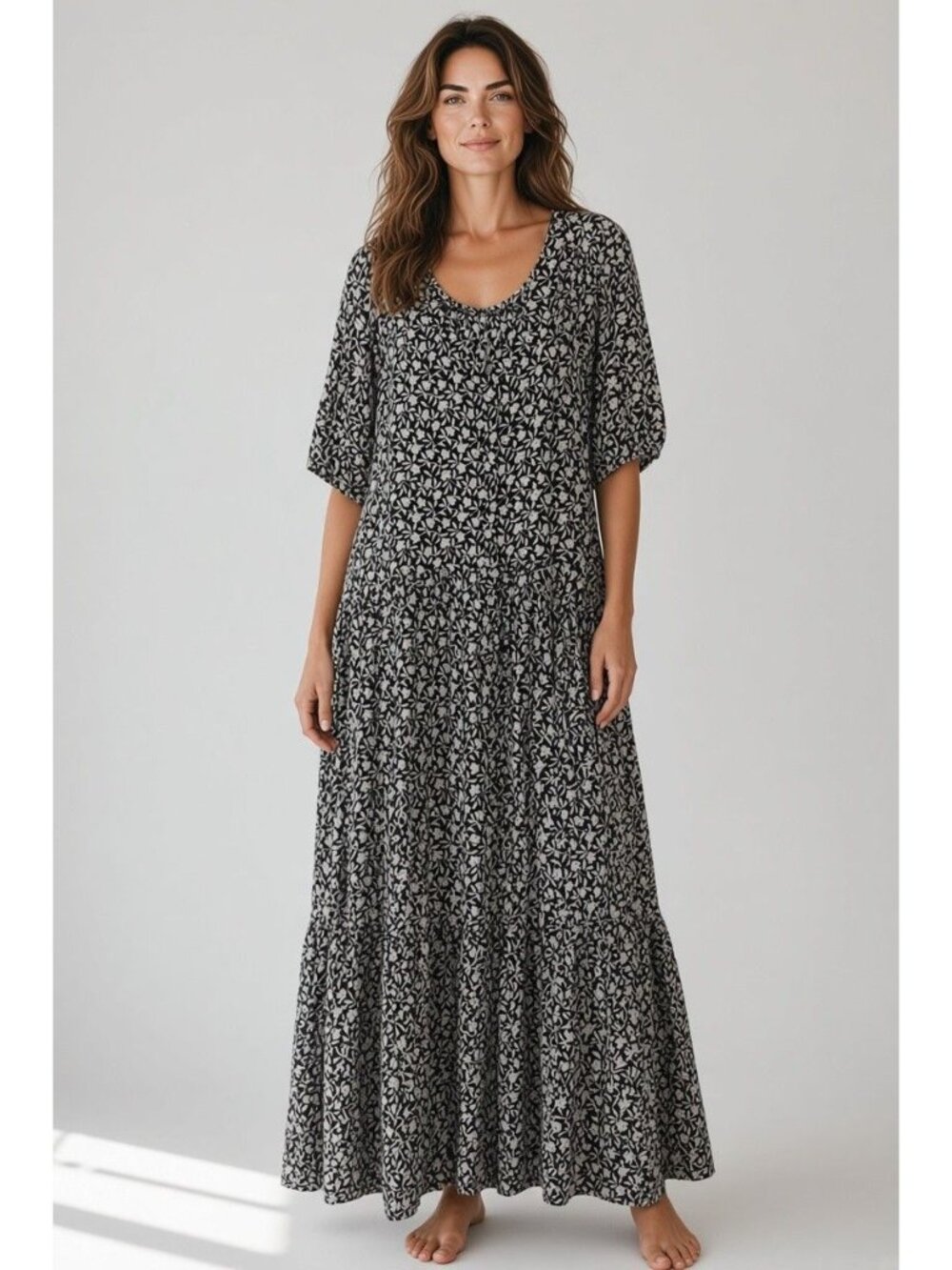Sonoma Goods For Life Black Floral Print V-Neck Button Tiered Maxi Dress Size 2X